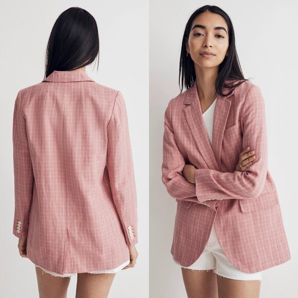 Plaid Larsen Blazer in 100% Linen | Madewell S Cafe Pink - Picture 3 of 6